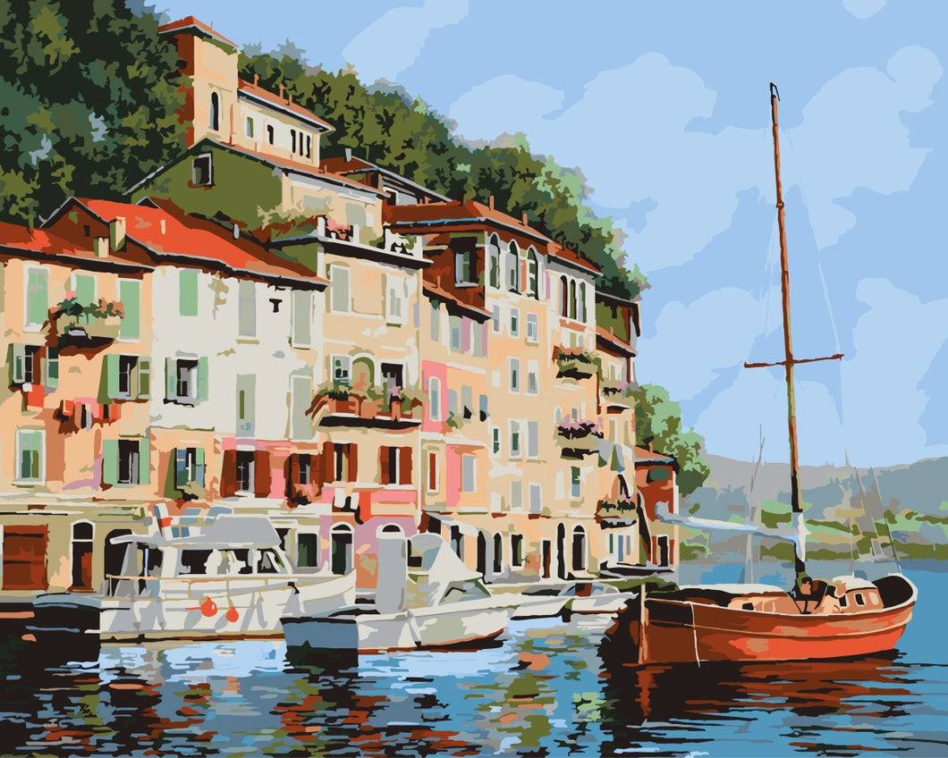 Malen nach Zahlen   Das rote Boot in Portofino   by Guido Borelli