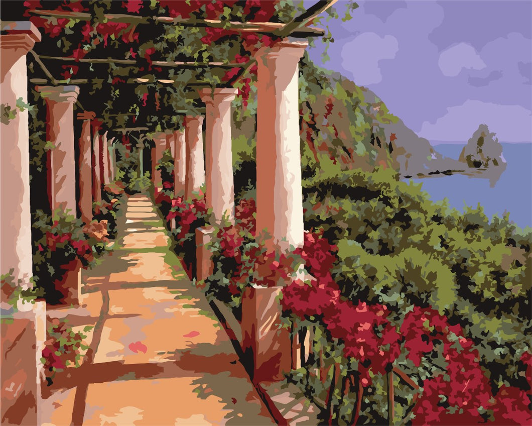 Malen nach Zahlen   Die Säulen und die Bougainvillea   by Guido Borelli